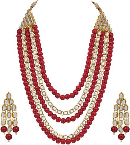 Aheli Kundan Pearl Long Multi Layered Necklace Earrings Set Indian Wedding Jewelry Gift for Women in Saudi Arabia