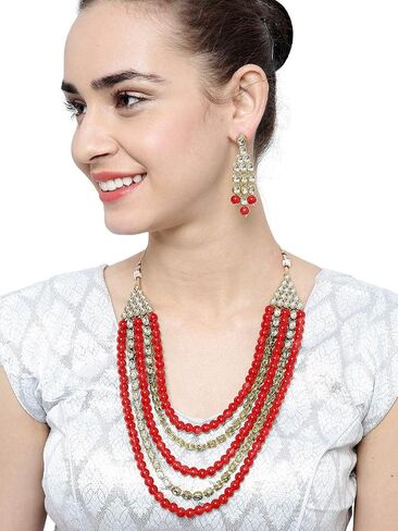 Aheli Kundan Pearl Long Multi Layered Necklace Earrings Set Indian Wedding Jewelry Gift for Women in Saudi Arabia