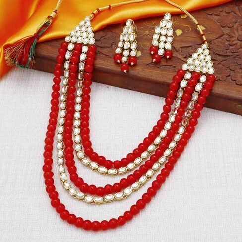 Aheli Kundan Pearl Long Multi Layered Necklace Earrings Set Indian Wedding Jewelry Gift for Women in Saudi Arabia