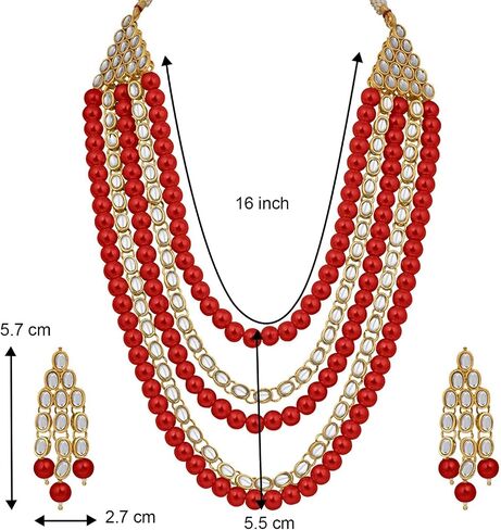 Aheli Kundan Pearl Long Multi Layered Necklace Earrings Set Indian Wedding Jewelry Gift for Women in Saudi Arabia