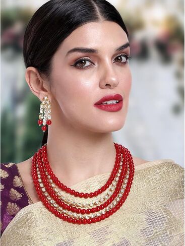 Aheli Kundan Pearl Long Multi Layered Necklace Earrings Set Indian Wedding Jewelry Gift for Women in Saudi Arabia