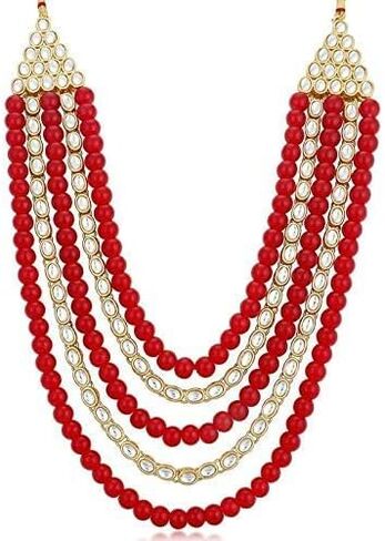 Aheli Kundan Pearl Long Multi Layered Necklace Earrings Set Indian Wedding Jewelry Gift for Women in Saudi Arabia