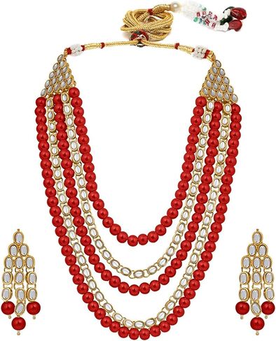 Aheli Kundan Pearl Long Multi Layered Necklace Earrings Set Indian Wedding Jewelry Gift for Women in Saudi Arabia