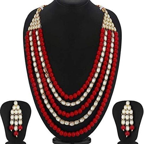 Aheli Kundan Pearl Long Multi Layered Necklace Earrings Set Indian Wedding Jewelry Gift for Women in Saudi Arabia