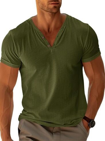 Runcati Mens Casual T Shirts Short Sleeve V Neck Henley Shirt Button Basic Fashion Summer Beach Tee Tops in Saudi Arabia