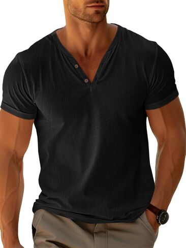 Runcati Mens Casual T Shirts Short Sleeve V Neck Henley Shirt Button Basic Fashion Summer Beach Tee Tops in Saudi Arabia