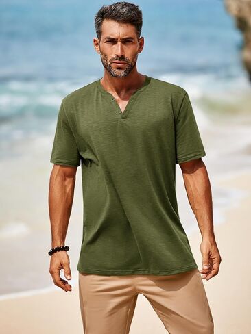 Runcati Mens Casual T Shirts Short Sleeve V Neck Henley Shirt Button Basic Fashion Summer Beach Tee Tops in Saudi Arabia