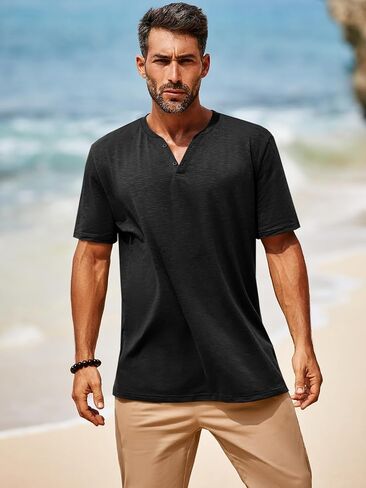 Runcati Mens Casual T Shirts Short Sleeve V Neck Henley Shirt Button Basic Fashion Summer Beach Tee Tops in Saudi Arabia