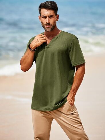 Runcati Mens Casual T Shirts Short Sleeve V Neck Henley Shirt Button Basic Fashion Summer Beach Tee Tops in Saudi Arabia