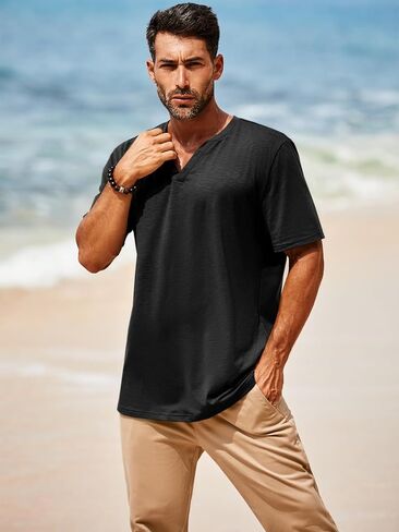 Runcati Mens Casual T Shirts Short Sleeve V Neck Henley Shirt Button Basic Fashion Summer Beach Tee Tops in Saudi Arabia