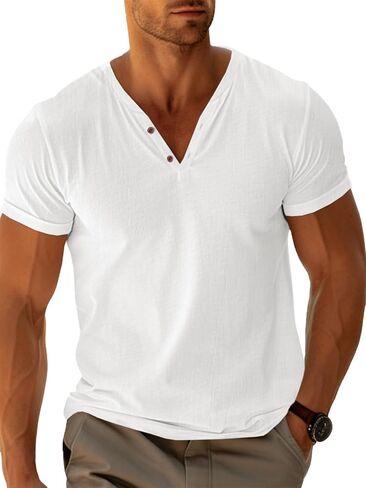 Runcati Mens Casual T Shirts Short Sleeve V Neck Henley Shirt Button Basic Fashion Summer Beach Tee Tops in Saudi Arabia