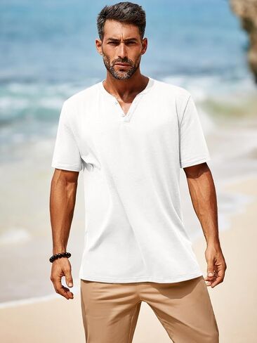 Runcati Mens Casual T Shirts Short Sleeve V Neck Henley Shirt Button Basic Fashion Summer Beach Tee Tops in Saudi Arabia