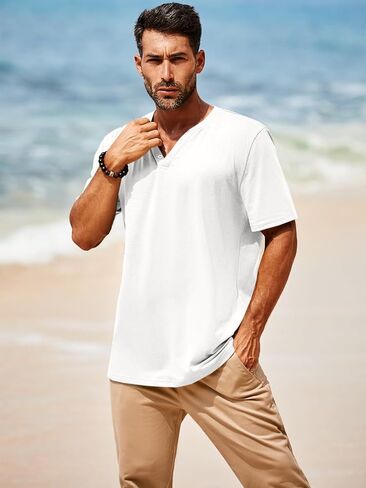 Runcati Mens Casual T Shirts Short Sleeve V Neck Henley Shirt Button Basic Fashion Summer Beach Tee Tops in Saudi Arabia