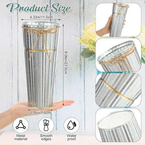 16 Pcs 9 Inch Galvanized Metal Flower Vases Bulk Vases for Centerpieces Floral Flower Bucket with Twine Bow Rustic Vintage Wedding Farmhouse Tin Bucket Decor for Wedding Flowers Home Table(Sliver) in Saudi Arabia