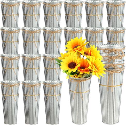 16 Pcs 9 Inch Galvanized Metal Flower Vases Bulk Vases for Centerpieces Floral Flower Bucket with Twine Bow Rustic Vintage Wedding Farmhouse Tin Bucket Decor for Wedding Flowers Home Table(Sliver) in Saudi Arabia