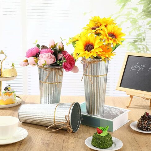 16 Pcs 9 Inch Galvanized Metal Flower Vases Bulk Vases for Centerpieces Floral Flower Bucket with Twine Bow Rustic Vintage Wedding Farmhouse Tin Bucket Decor for Wedding Flowers Home Table(Sliver) in Saudi Arabia