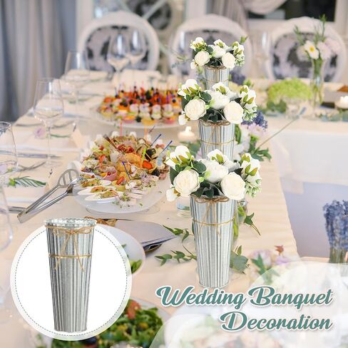 16 Pcs 9 Inch Galvanized Metal Flower Vases Bulk Vases for Centerpieces Floral Flower Bucket with Twine Bow Rustic Vintage Wedding Farmhouse Tin Bucket Decor for Wedding Flowers Home Table(Sliver) in Saudi Arabia