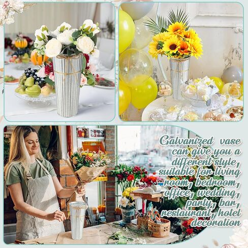 16 Pcs 9 Inch Galvanized Metal Flower Vases Bulk Vases for Centerpieces Floral Flower Bucket with Twine Bow Rustic Vintage Wedding Farmhouse Tin Bucket Decor for Wedding Flowers Home Table(Sliver) in Saudi Arabia