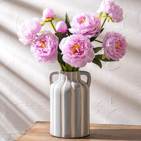 Ceramic Grey and White Checkered Stripes Vase with Handles, Hand-Painted Modern Minimalist Bohemian Floral Vases Home Decor, Cottage Core Decor, Flower Vase for Bouquet Mantle Kitchen Bookshelf 9.1 In in Kuwait