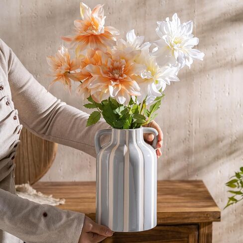 Ceramic Grey and White Checkered Stripes Vase with Handles, Hand-Painted Modern Minimalist Bohemian Floral Vases Home Decor, Cottage Core Decor, Flower Vase for Bouquet Mantle Kitchen Bookshelf 9.1 In in Kuwait
