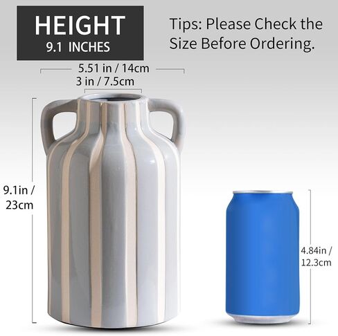 Ceramic Grey and White Checkered Stripes Vase with Handles, Hand-Painted Modern Minimalist Bohemian Floral Vases Home Decor, Cottage Core Decor, Flower Vase for Bouquet Mantle Kitchen Bookshelf 9.1 In in Kuwait