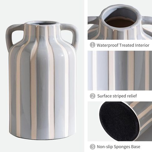 Ceramic Grey and White Checkered Stripes Vase with Handles, Hand-Painted Modern Minimalist Bohemian Floral Vases Home Decor, Cottage Core Decor, Flower Vase for Bouquet Mantle Kitchen Bookshelf 9.1 In in Kuwait