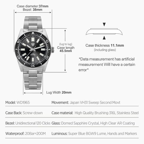 الساعات VH31 Quartz ، WD1965 62MAS Dive Watch 38mm مقببة من الياقوت الكريستال Wristwatch 200m ساعات مقاومة للماء in Kuwait