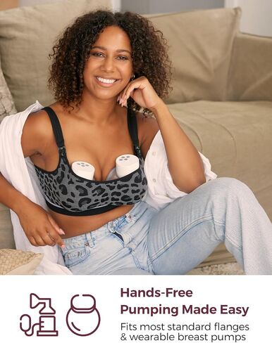 Momcozy Seamless Pumping Bra Hands Free, Fixed Padding Hands-Free Pumping & Nursing Bra, Wireless Comfort Pumping Bra Leopard Black in Saudi Arabia