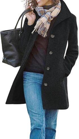 yoeasy Women's Casual Thicken Wool Blend Pea Coat Stand Collar Single Breasted Winter Mid Long Overcoat Jackets in Saudi Arabia