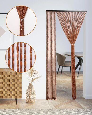 ستارة الخيزران للمداخل -35.4 "X77"-52 خيوط ، ستائر خشبية بيج مصنوعة يدويًا مع حبات مقسمات الغرفة البوهيمية-كستائر مثيرة للحشرات والخشب المزيز للمداخل للمداخل in Saudi Arabia