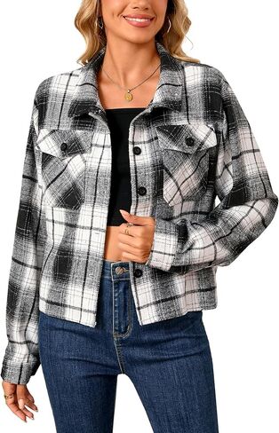Shawnda Women's Flannel Shacket Cropped Jacket Fashion Plaid Button Down Shirt Jacket Tops in Saudi Arabia