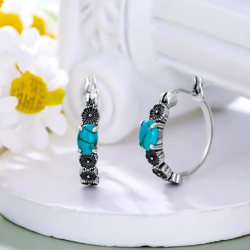 Sunflower/Rose/Feather/Cross/Butterfly Turquoise Hoop Earrings 925 Sterling Silver Vintage Green Turquoise Hoop Earrings for Women Gifts in Saudi Arabia