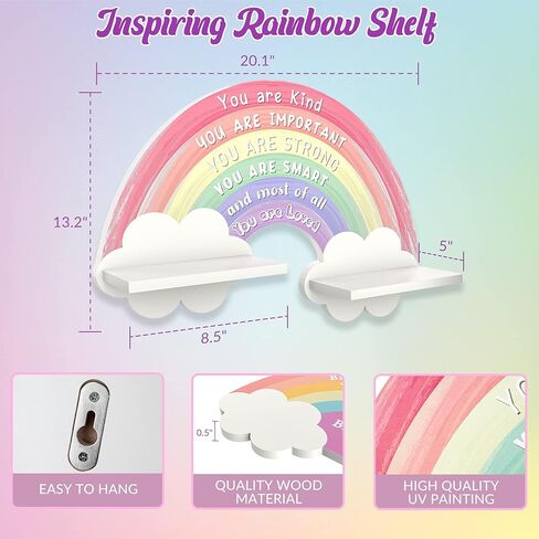 أرفف حائط خشبية بألوان قوس قزح من Garybank لغرف الأطفال - ديكور غرفة فتيات قوس قزح، فن جداري تحفيزي، ديكور غرفة نوم وردي قوس قزح يونيكورن للفتيات والأطفال، ديكور جدار غرفة قوس قزح لغرفة اللعب في الفصول الدراسية in Kuwait