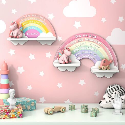 أرفف حائط خشبية بألوان قوس قزح من Garybank لغرف الأطفال - ديكور غرفة فتيات قوس قزح، فن جداري تحفيزي، ديكور غرفة نوم وردي قوس قزح يونيكورن للفتيات والأطفال، ديكور جدار غرفة قوس قزح لغرفة اللعب في الفصول الدراسية in Kuwait