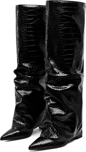 Synchoiss Womens Knee High Boots عريض العجل مكتنزة عالية الكعب أحذية أزياء على الحذاء مدببة إصبع القدم الشتاء خريف طويل القامة للنساء سحب على عصرية in Kuwait