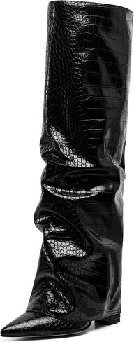 Synchoiss Womens Knee High Boots عريض العجل مكتنزة عالية الكعب أحذية أزياء على الحذاء مدببة إصبع القدم الشتاء خريف طويل القامة للنساء سحب على عصرية in Kuwait