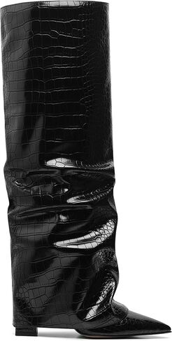 Synchoiss Womens Knee High Boots عريض العجل مكتنزة عالية الكعب أحذية أزياء على الحذاء مدببة إصبع القدم الشتاء خريف طويل القامة للنساء سحب على عصرية in Kuwait