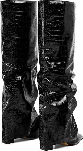 Synchoiss Womens Knee High Boots عريض العجل مكتنزة عالية الكعب أحذية أزياء على الحذاء مدببة إصبع القدم الشتاء خريف طويل القامة للنساء سحب على عصرية in Kuwait