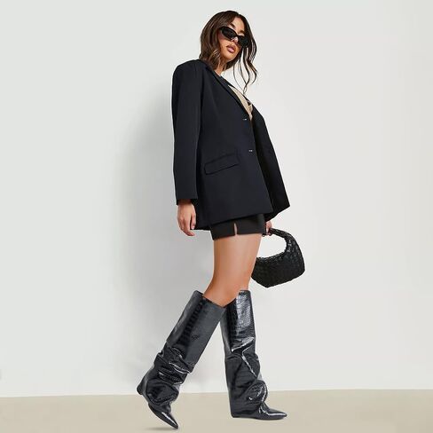 Synchoiss Womens Knee High Boots عريض العجل مكتنزة عالية الكعب أحذية أزياء على الحذاء مدببة إصبع القدم الشتاء خريف طويل القامة للنساء سحب على عصرية in Kuwait