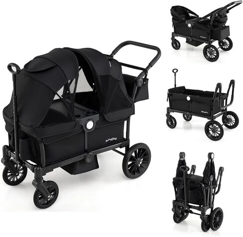 BABY JOY Wagon Stroller for 2 Kids, Collapsible Push Pull Double Stroller Wagon with Adjustable Handle Bar, Removable Canopy, Safety Harness, Cup Holder, Snack Tray & Storage Bag (Gray) in Kuwait