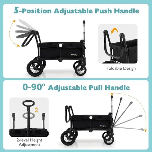 BABY JOY Wagon Stroller for 2 Kids, Collapsible Push Pull Double Stroller Wagon with Adjustable Handle Bar, Removable Canopy, Safety Harness, Cup Holder, Snack Tray & Storage Bag (Gray) in Kuwait