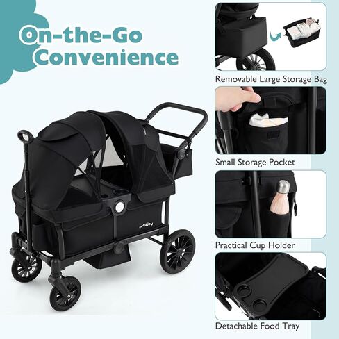 BABY JOY Wagon Stroller for 2 Kids, Collapsible Push Pull Double Stroller Wagon with Adjustable Handle Bar, Removable Canopy, Safety Harness, Cup Holder, Snack Tray & Storage Bag (Gray) in Kuwait