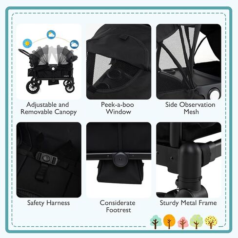 BABY JOY Wagon Stroller for 2 Kids, Collapsible Push Pull Double Stroller Wagon with Adjustable Handle Bar, Removable Canopy, Safety Harness, Cup Holder, Snack Tray & Storage Bag (Gray) in Kuwait