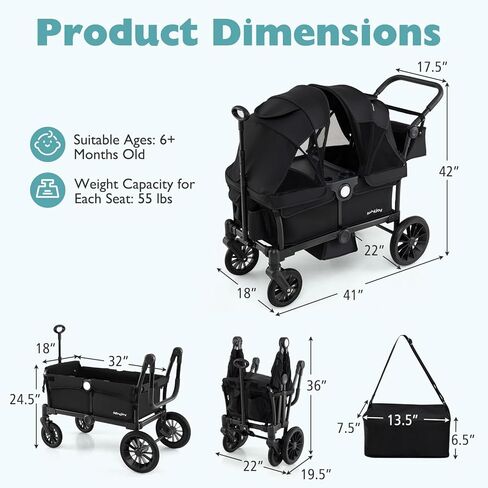 BABY JOY Wagon Stroller for 2 Kids, Collapsible Push Pull Double Stroller Wagon with Adjustable Handle Bar, Removable Canopy, Safety Harness, Cup Holder, Snack Tray & Storage Bag (Gray) in Kuwait