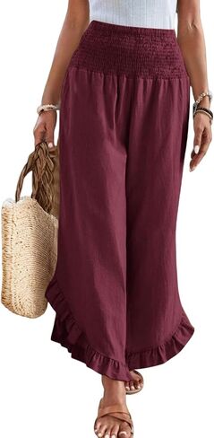 Linen Pants for Women 2025 Summer Casual Loose Flowy Boho Pants,Smocked Waist Ruffle Palazzo Pant with Pockets in Saudi Arabia