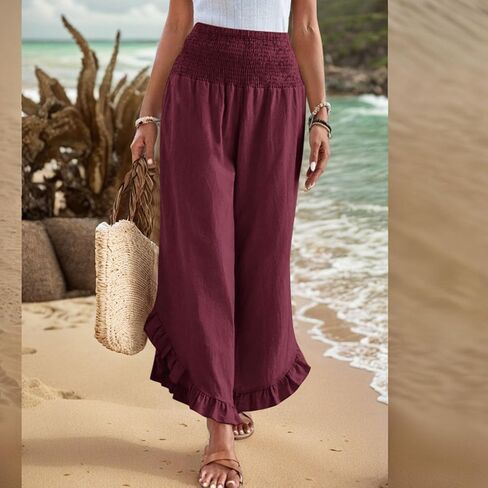 Linen Pants for Women 2025 Summer Casual Loose Flowy Boho Pants,Smocked Waist Ruffle Palazzo Pant with Pockets in Saudi Arabia