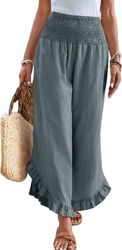 Linen Pants for Women 2025 Summer Casual Loose Flowy Boho Pants,Smocked Waist Ruffle Palazzo Pant with Pockets in Saudi Arabia