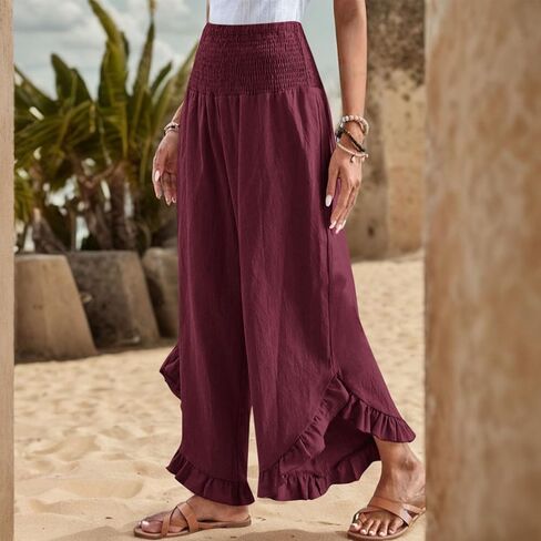 Linen Pants for Women 2025 Summer Casual Loose Flowy Boho Pants,Smocked Waist Ruffle Palazzo Pant with Pockets in Saudi Arabia