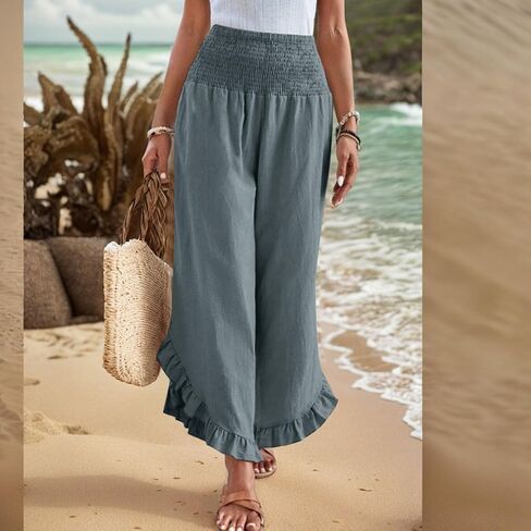 Linen Pants for Women 2025 Summer Casual Loose Flowy Boho Pants,Smocked Waist Ruffle Palazzo Pant with Pockets in Saudi Arabia