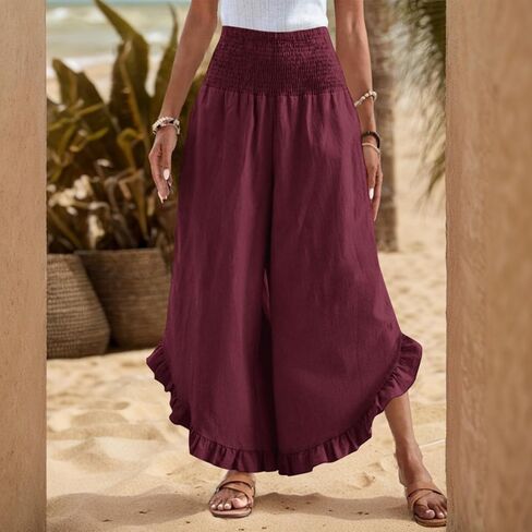 Linen Pants for Women 2025 Summer Casual Loose Flowy Boho Pants,Smocked Waist Ruffle Palazzo Pant with Pockets in Saudi Arabia